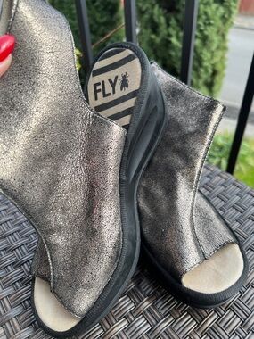 FLY London Metallic Pewter Open-Toe Wedge Sandal